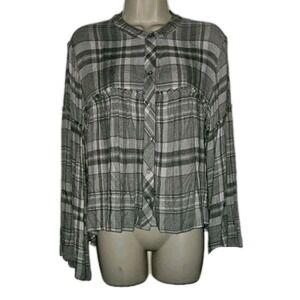 Cloth & Stone Anthropologie Women's Size M Gray Plaid Blouse Trumpet Long Sleeve